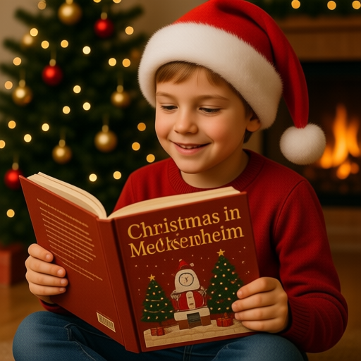 Kind mit Weihnachtsmütze liest Buch
